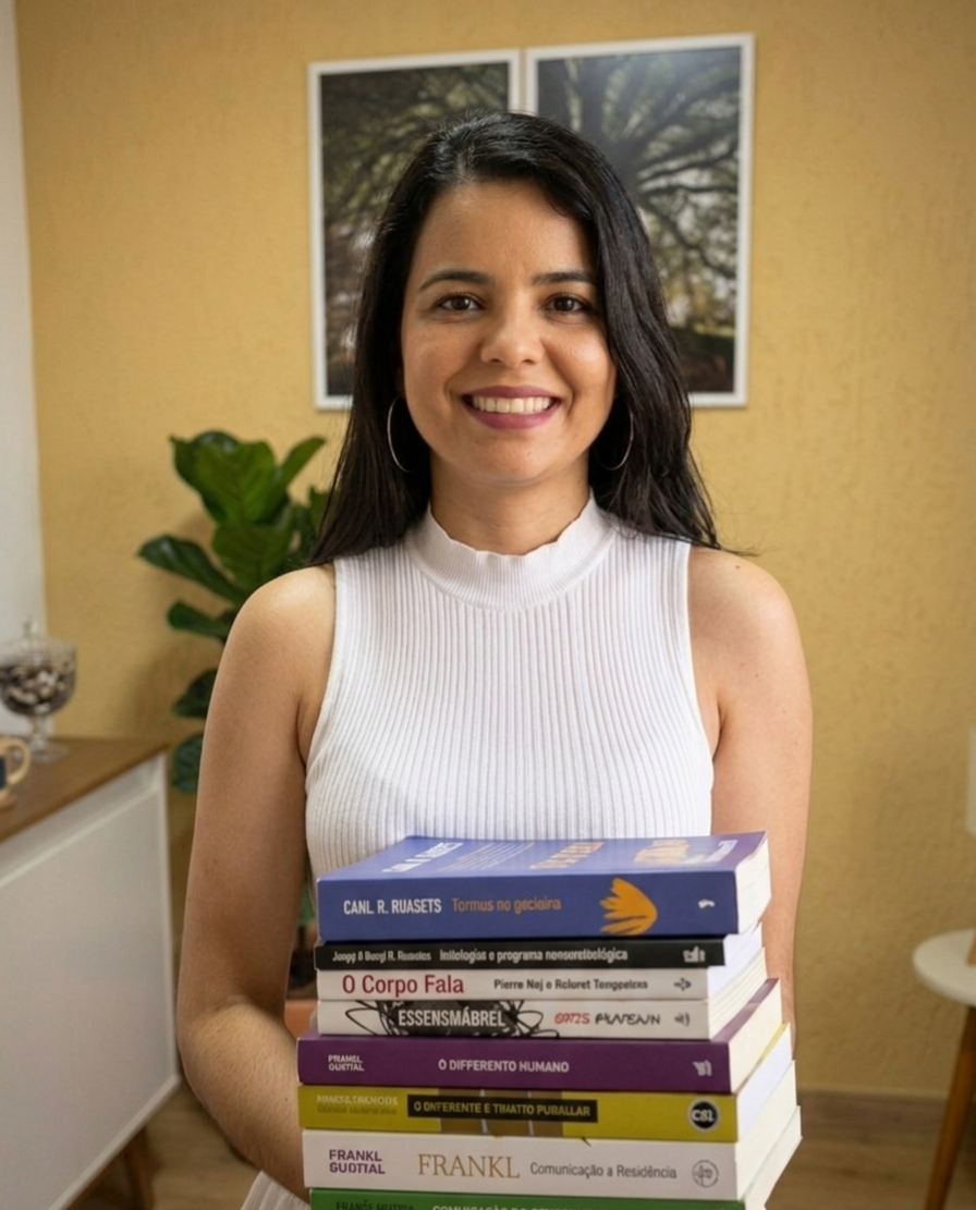 Amanda Gurgel — psicóloga clínica, segurando livros de psicologia