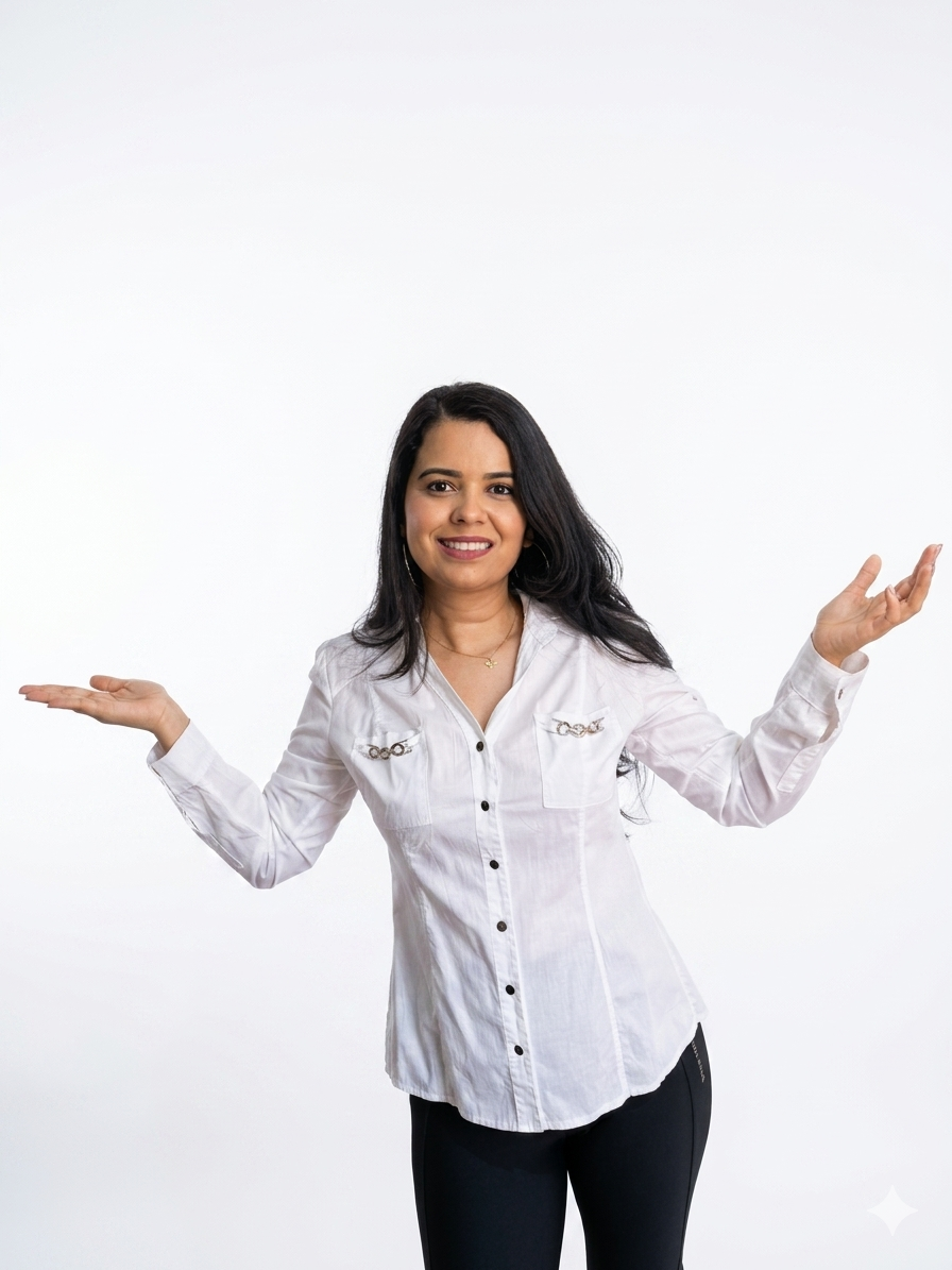 Amanda Gurgel com gesto acolhedor — pronta para receber e avaliar